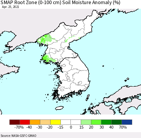 Korea SMAP Root Zone (0-100 cm) Soil Moisture Anomaly (%) Thematic Map For 4/21/2021 - 4/25/2021