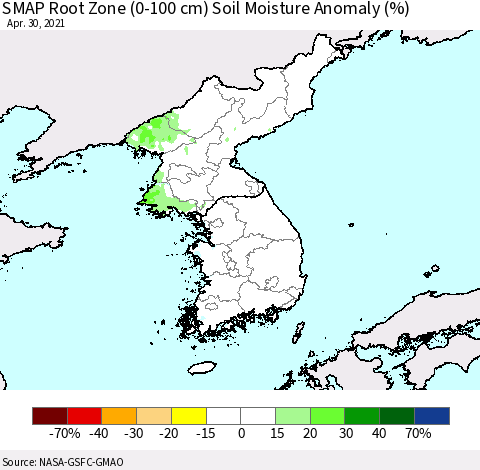 Korea SMAP Root Zone (0-100 cm) Soil Moisture Anomaly (%) Thematic Map For 4/26/2021 - 4/30/2021