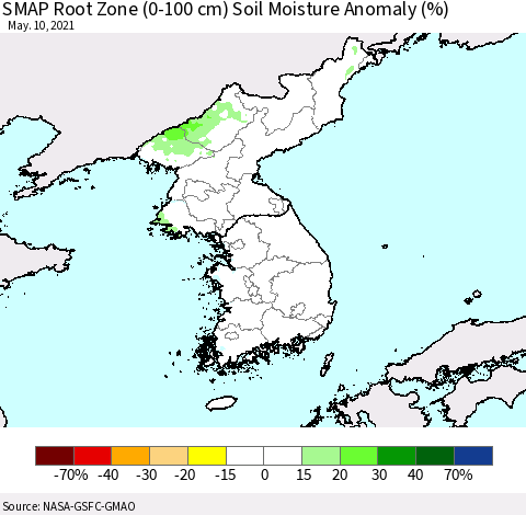Korea SMAP Root Zone (0-100 cm) Soil Moisture Anomaly (%) Thematic Map For 5/6/2021 - 5/10/2021