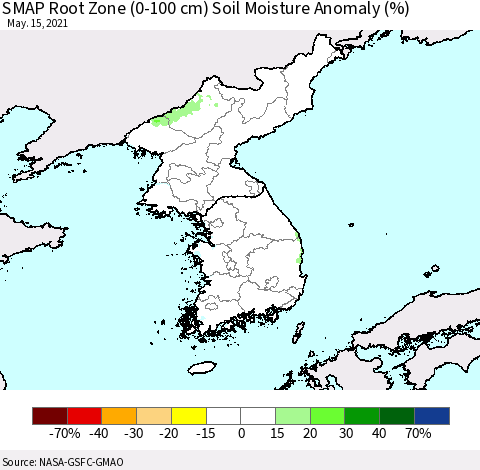 Korea SMAP Root Zone (0-100 cm) Soil Moisture Anomaly (%) Thematic Map For 5/11/2021 - 5/15/2021