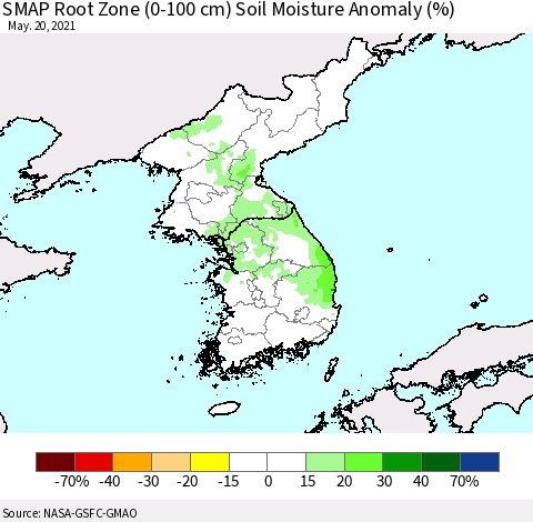 Korea SMAP Root Zone (0-100 cm) Soil Moisture Anomaly (%) Thematic Map For 5/16/2021 - 5/20/2021