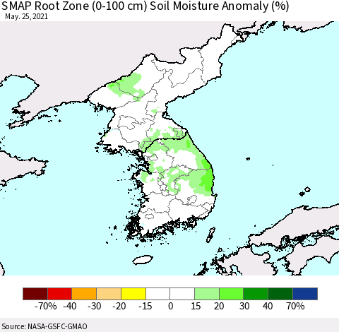 Korea SMAP Root Zone (0-100 cm) Soil Moisture Anomaly (%) Thematic Map For 5/21/2021 - 5/25/2021