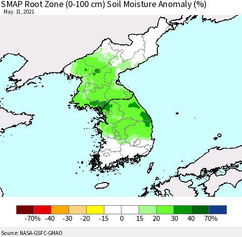 Korea SMAP Root Zone (0-100 cm) Soil Moisture Anomaly (%) Thematic Map For 5/26/2021 - 5/31/2021