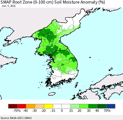 Korea SMAP Root Zone (0-100 cm) Soil Moisture Anomaly (%) Thematic Map For 6/1/2021 - 6/5/2021