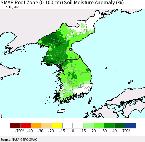 Korea SMAP Root Zone (0-100 cm) Soil Moisture Anomaly (%) Thematic Map For 6/6/2021 - 6/10/2021