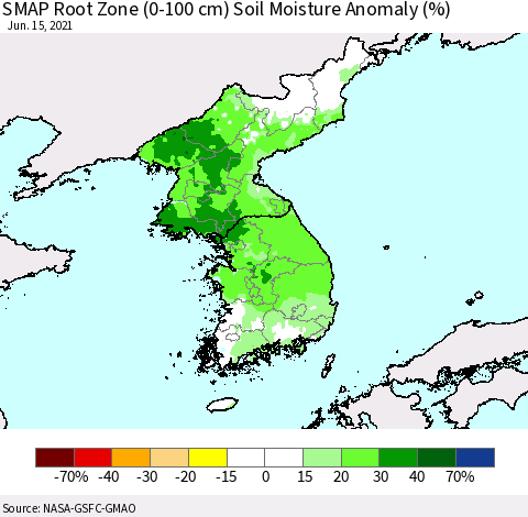 Korea SMAP Root Zone (0-100 cm) Soil Moisture Anomaly (%) Thematic Map For 6/11/2021 - 6/15/2021