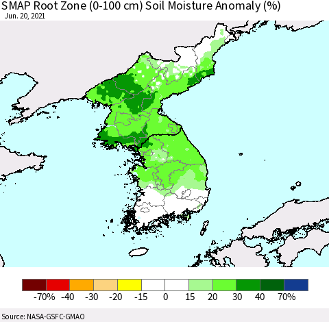 Korea SMAP Root Zone (0-100 cm) Soil Moisture Anomaly (%) Thematic Map For 6/16/2021 - 6/20/2021