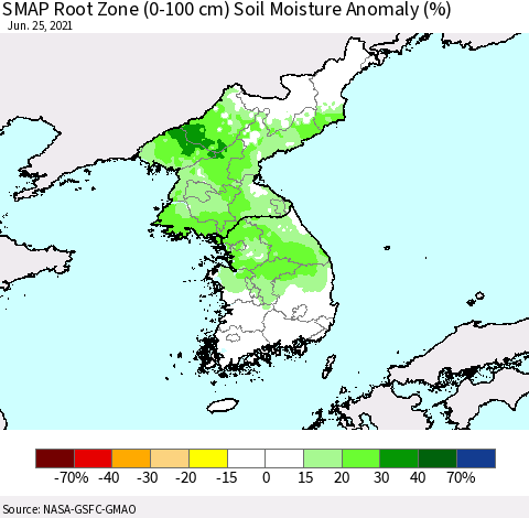 Korea SMAP Root Zone (0-100 cm) Soil Moisture Anomaly (%) Thematic Map For 6/21/2021 - 6/25/2021