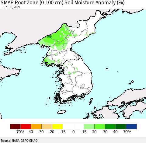 Korea SMAP Root Zone (0-100 cm) Soil Moisture Anomaly (%) Thematic Map For 6/26/2021 - 6/30/2021