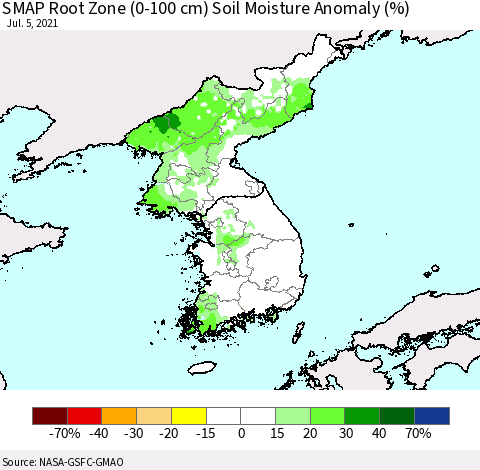 Korea SMAP Root Zone (0-100 cm) Soil Moisture Anomaly (%) Thematic Map For 7/1/2021 - 7/5/2021