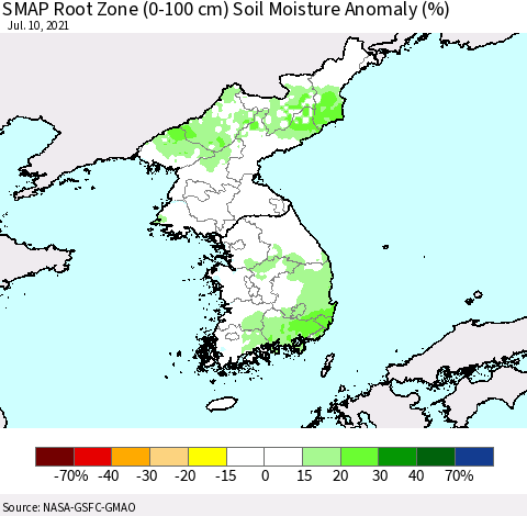Korea SMAP Root Zone (0-100 cm) Soil Moisture Anomaly (%) Thematic Map For 7/6/2021 - 7/10/2021