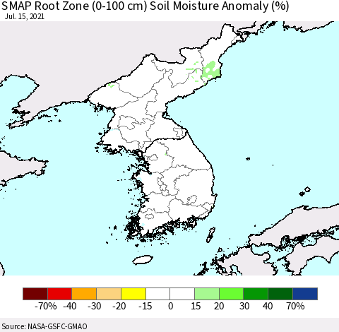 Korea SMAP Root Zone (0-100 cm) Soil Moisture Anomaly (%) Thematic Map For 7/11/2021 - 7/15/2021