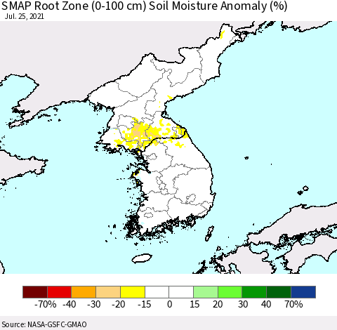 Korea SMAP Root Zone (0-100 cm) Soil Moisture Anomaly (%) Thematic Map For 7/21/2021 - 7/25/2021