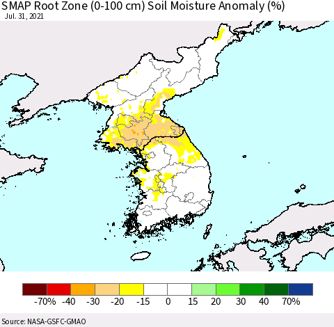 Korea SMAP Root Zone (0-100 cm) Soil Moisture Anomaly (%) Thematic Map For 7/26/2021 - 7/31/2021