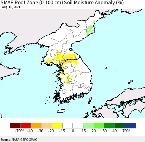 Korea SMAP Root Zone (0-100 cm) Soil Moisture Anomaly (%) Thematic Map For 8/6/2021 - 8/10/2021