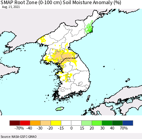 Korea SMAP Root Zone (0-100 cm) Soil Moisture Anomaly (%) Thematic Map For 8/11/2021 - 8/15/2021