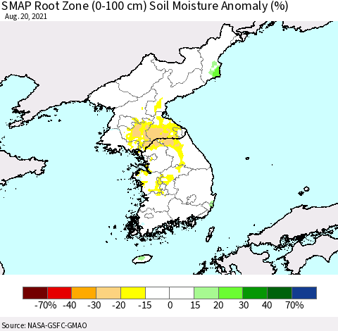 Korea SMAP Root Zone (0-100 cm) Soil Moisture Anomaly (%) Thematic Map For 8/16/2021 - 8/20/2021