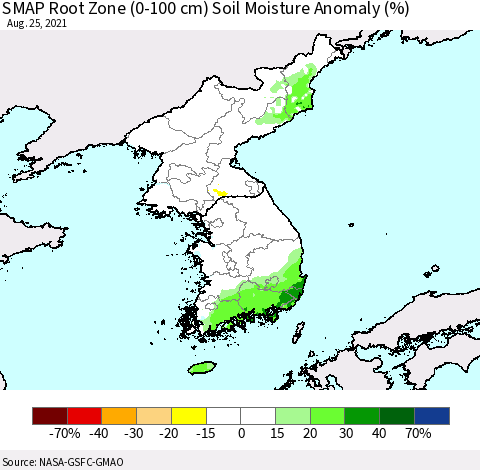 Korea SMAP Root Zone (0-100 cm) Soil Moisture Anomaly (%) Thematic Map For 8/21/2021 - 8/25/2021