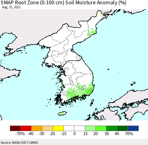 Korea SMAP Root Zone (0-100 cm) Soil Moisture Anomaly (%) Thematic Map For 8/26/2021 - 8/31/2021