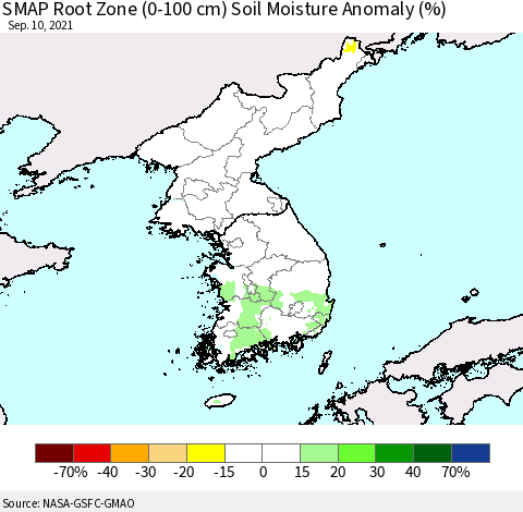 Korea SMAP Root Zone (0-100 cm) Soil Moisture Anomaly (%) Thematic Map For 9/6/2021 - 9/10/2021