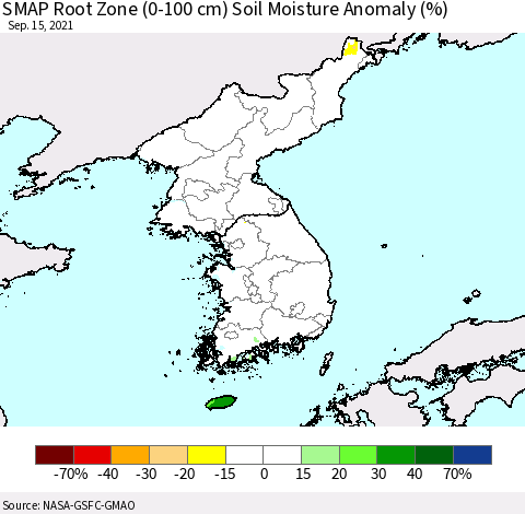 Korea SMAP Root Zone (0-100 cm) Soil Moisture Anomaly (%) Thematic Map For 9/11/2021 - 9/15/2021
