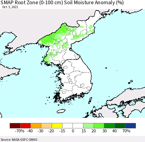 Korea SMAP Root Zone (0-100 cm) Soil Moisture Anomaly (%) Thematic Map For 10/1/2021 - 10/5/2021