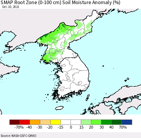Korea SMAP Root Zone (0-100 cm) Soil Moisture Anomaly (%) Thematic Map For 10/6/2021 - 10/10/2021