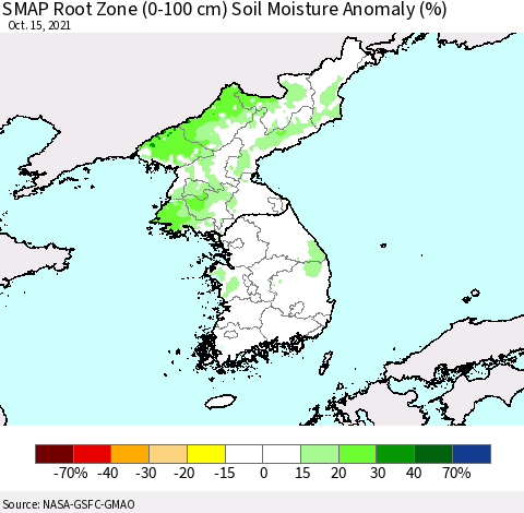 Korea SMAP Root Zone (0-100 cm) Soil Moisture Anomaly (%) Thematic Map For 10/11/2021 - 10/15/2021
