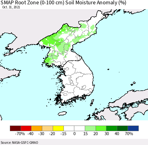 Korea SMAP Root Zone (0-100 cm) Soil Moisture Anomaly (%) Thematic Map For 10/26/2021 - 10/31/2021