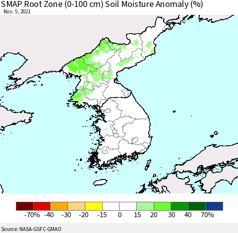 Korea SMAP Root Zone (0-100 cm) Soil Moisture Anomaly (%) Thematic Map For 11/1/2021 - 11/5/2021