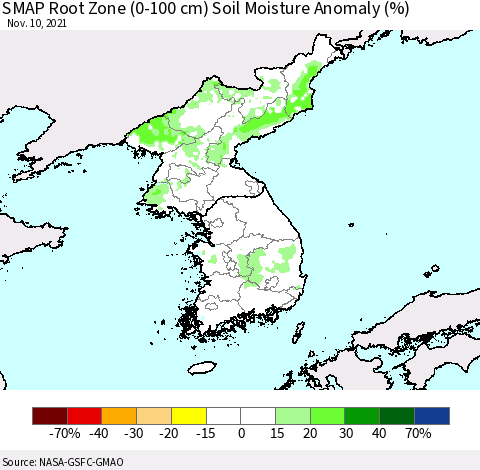 Korea SMAP Root Zone (0-100 cm) Soil Moisture Anomaly (%) Thematic Map For 11/6/2021 - 11/10/2021