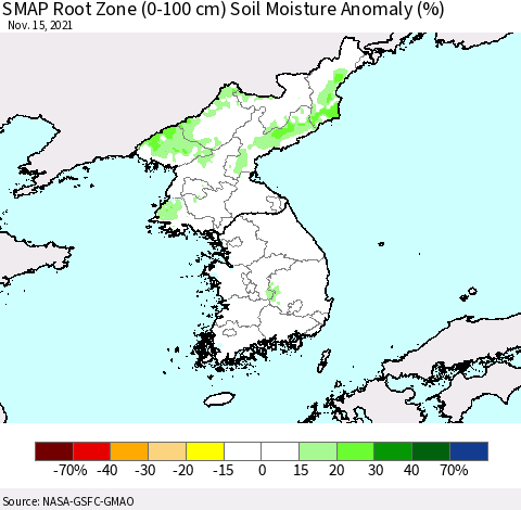 Korea SMAP Root Zone (0-100 cm) Soil Moisture Anomaly (%) Thematic Map For 11/11/2021 - 11/15/2021