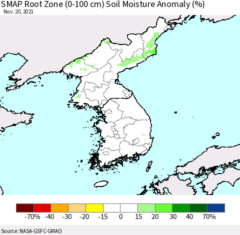 Korea SMAP Root Zone (0-100 cm) Soil Moisture Anomaly (%) Thematic Map For 11/16/2021 - 11/20/2021