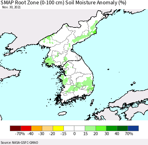 Korea SMAP Root Zone (0-100 cm) Soil Moisture Anomaly (%) Thematic Map For 11/26/2021 - 11/30/2021