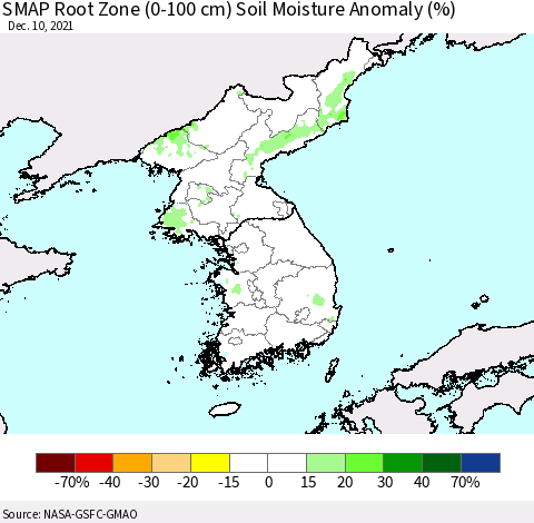 Korea SMAP Root Zone (0-100 cm) Soil Moisture Anomaly (%) Thematic Map For 12/6/2021 - 12/10/2021