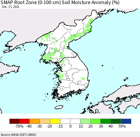 Korea SMAP Root Zone (0-100 cm) Soil Moisture Anomaly (%) Thematic Map For 12/11/2021 - 12/15/2021