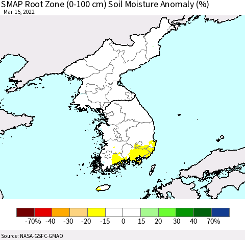 Korea SMAP Root Zone (0-100 cm) Soil Moisture Anomaly (%) Thematic Map For 3/11/2022 - 3/15/2022