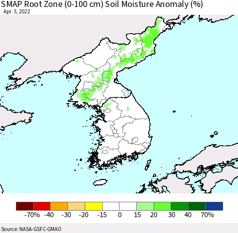 Korea SMAP Root Zone (0-100 cm) Soil Moisture Anomaly (%) Thematic Map For 4/1/2022 - 4/5/2022
