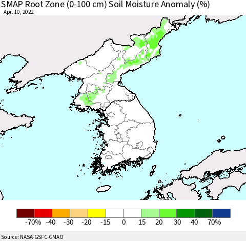 Korea SMAP Root Zone (0-100 cm) Soil Moisture Anomaly (%) Thematic Map For 4/6/2022 - 4/10/2022