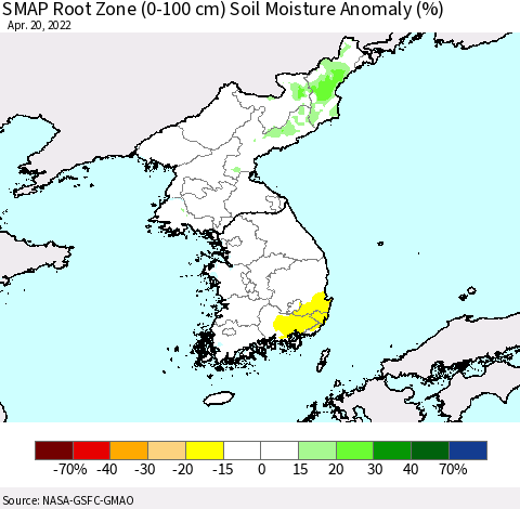 Korea SMAP Root Zone (0-100 cm) Soil Moisture Anomaly (%) Thematic Map For 4/16/2022 - 4/20/2022