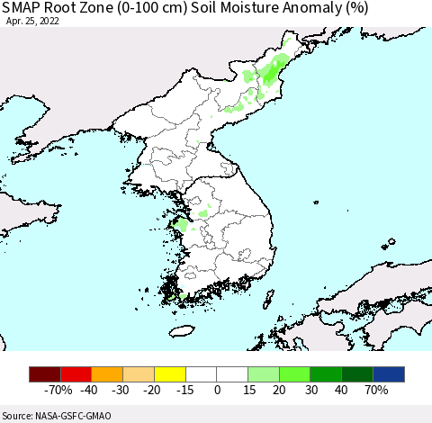 Korea SMAP Root Zone (0-100 cm) Soil Moisture Anomaly (%) Thematic Map For 4/21/2022 - 4/25/2022