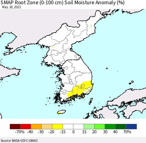Korea SMAP Root Zone (0-100 cm) Soil Moisture Anomaly (%) Thematic Map For 5/16/2022 - 5/20/2022