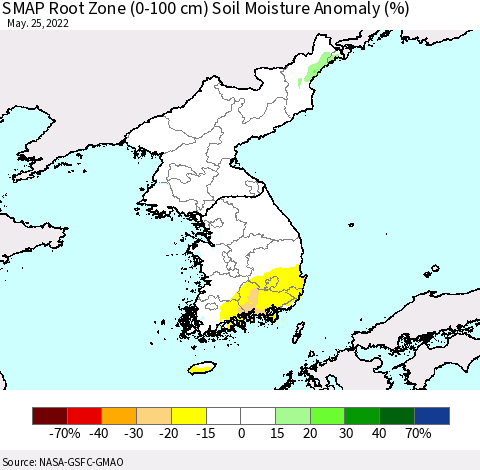 Korea SMAP Root Zone (0-100 cm) Soil Moisture Anomaly (%) Thematic Map For 5/21/2022 - 5/25/2022