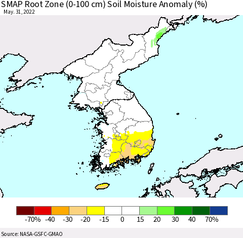 Korea SMAP Root Zone (0-100 cm) Soil Moisture Anomaly (%) Thematic Map For 5/26/2022 - 5/31/2022