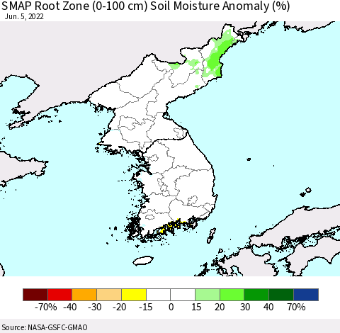 Korea SMAP Root Zone (0-100 cm) Soil Moisture Anomaly (%) Thematic Map For 6/1/2022 - 6/5/2022