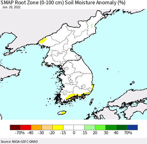 Korea SMAP Root Zone (0-100 cm) Soil Moisture Anomaly (%) Thematic Map For 6/16/2022 - 6/20/2022