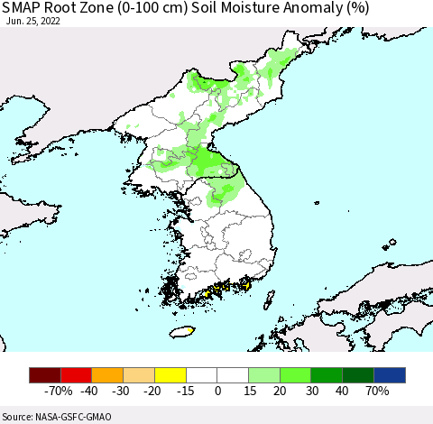 Korea SMAP Root Zone (0-100 cm) Soil Moisture Anomaly (%) Thematic Map For 6/21/2022 - 6/25/2022