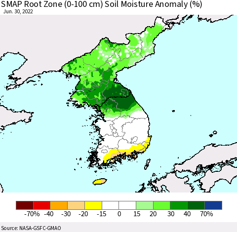 Korea SMAP Root Zone (0-100 cm) Soil Moisture Anomaly (%) Thematic Map For 6/26/2022 - 6/30/2022