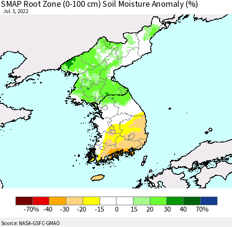 Korea SMAP Root Zone (0-100 cm) Soil Moisture Anomaly (%) Thematic Map For 7/1/2022 - 7/5/2022