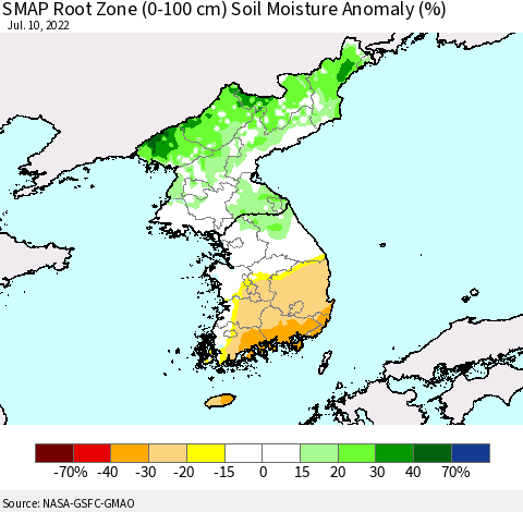 Korea SMAP Root Zone (0-100 cm) Soil Moisture Anomaly (%) Thematic Map For 7/6/2022 - 7/10/2022